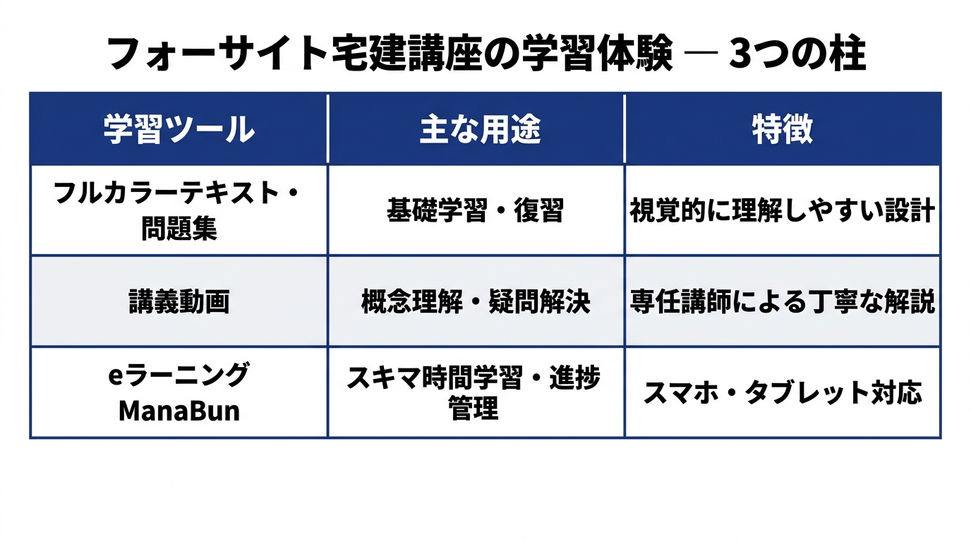 フォーサイト宅建講座の学習体験 — 3つの柱